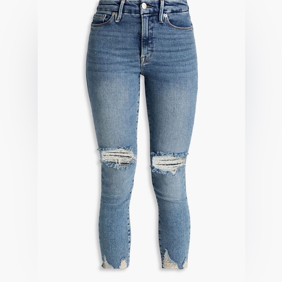 GOOD AMERICAN Womens Blue Zippered Pocketed Skinny Distressed High Waist Jeans